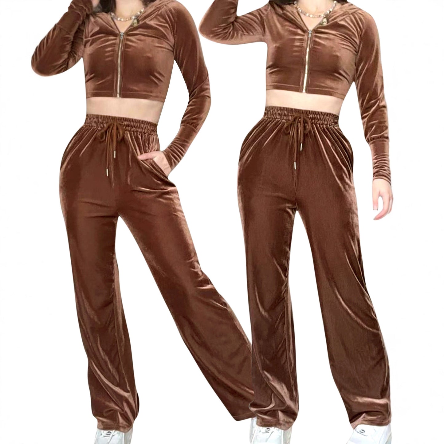 Zipper hooded long sleeved top with drawstring pockets, two-piece pants set