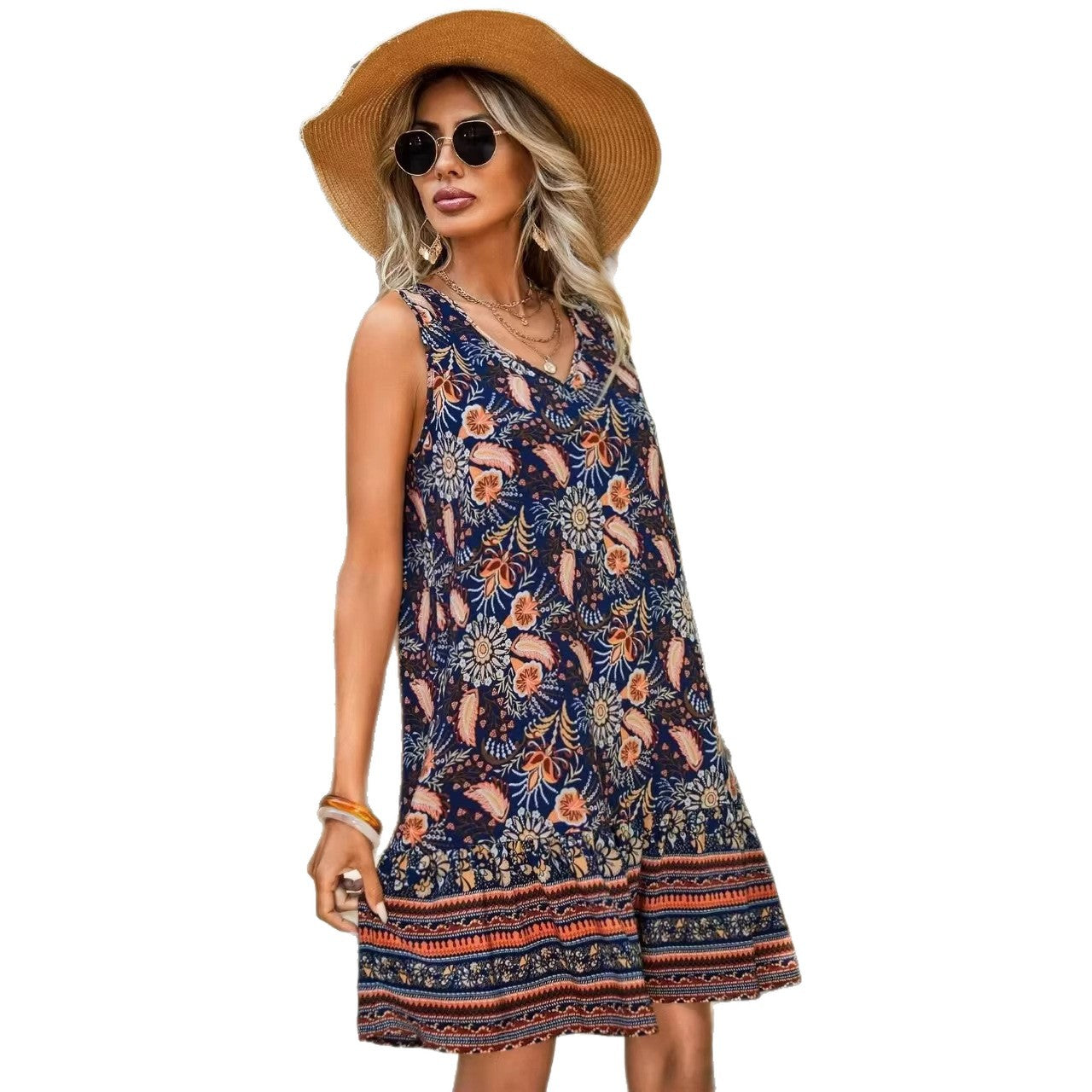 Flower Print V-Neck Ruffle Smocked Bodysuit Dress