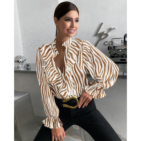 Fashionable Women's Solid Color Stripe Long Sleeve Turn-down Collar Blouse for Office Wear