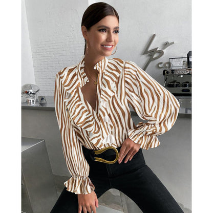Fashionable Women's Solid Color Stripe Long Sleeve Turn-down Collar Blouse for Office Wear