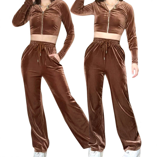 Zipper hooded long sleeved top with drawstring pockets, two-piece pants set