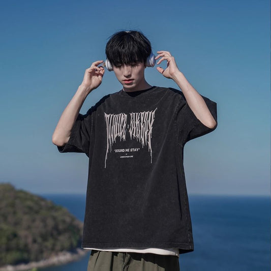 Streetwear Fashion Brand Men's Short Sleeve T-Shirt, Summer Vintage Casual Washed Distressed Half Sleeve, Unique Cool Style Tee
