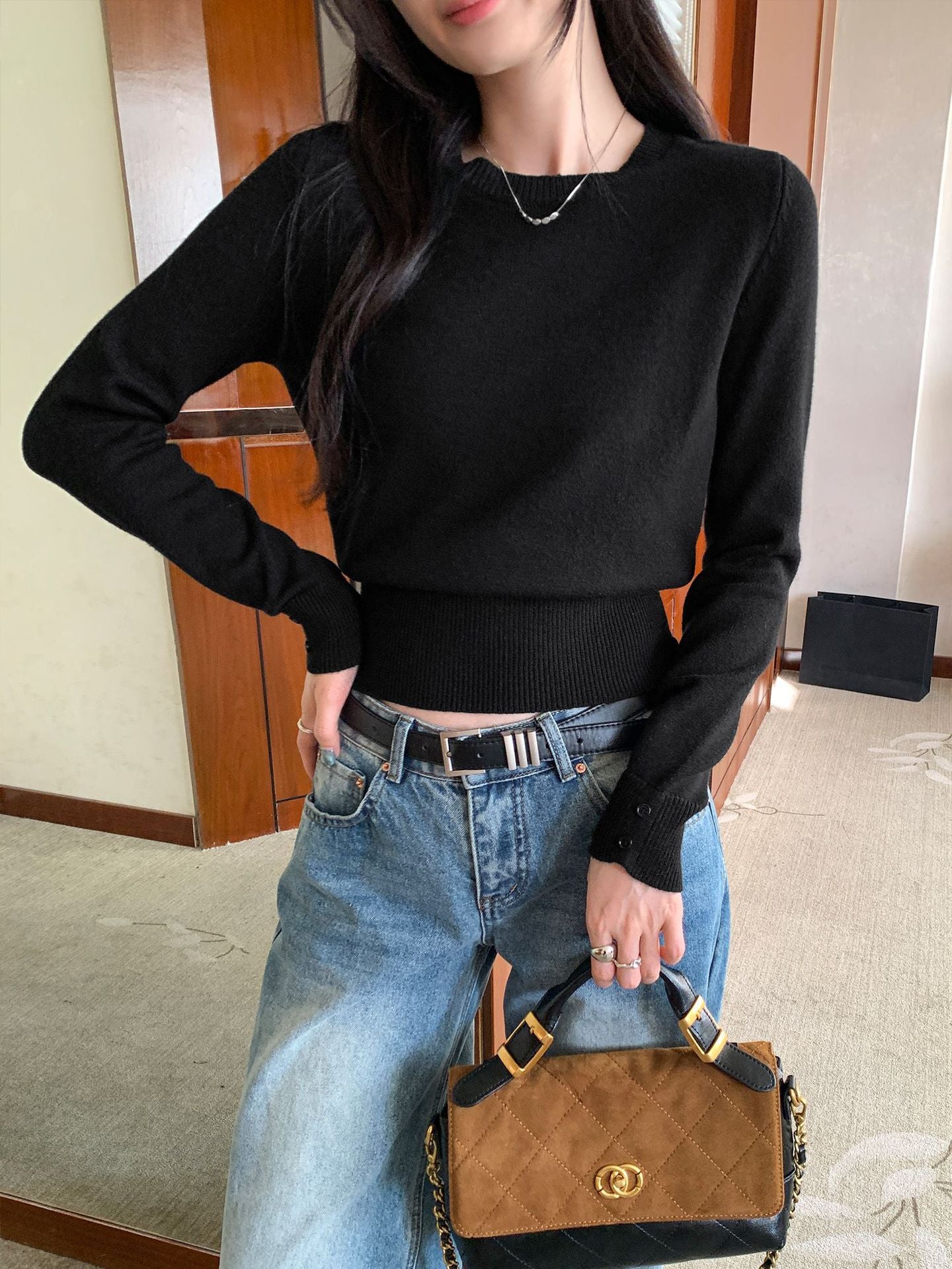 Soft Pink Round Neck Knit Top for Women,Slim Fit S/M/L