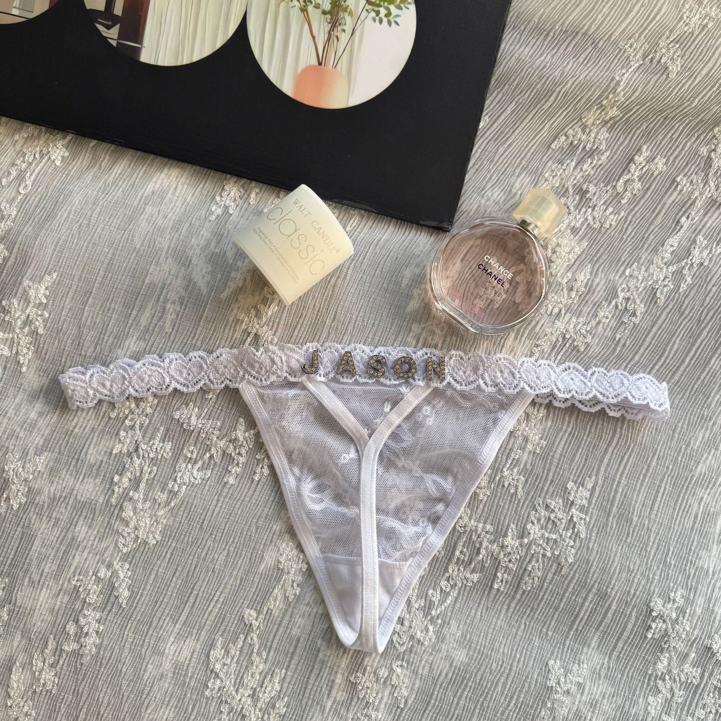 Cotton G-String with Metallic Rhinestone Letters, Sexy Lace Panties for Women