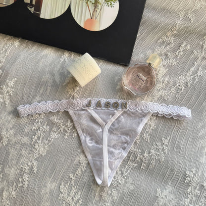 Cotton G-String with Metallic Rhinestone Letters, Sexy Lace Panties for Women