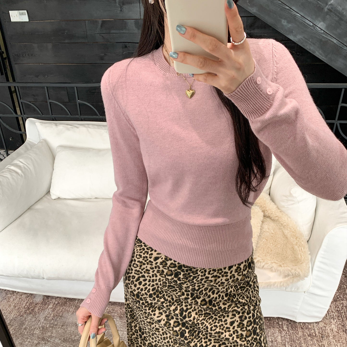 Soft Pink Round Neck Knit Top for Women,Slim Fit S/M/L