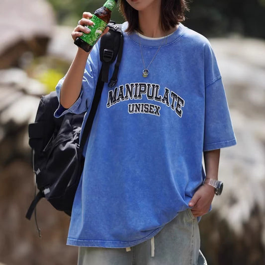 Casual Washed Vintage Crewneck Loose Oversized Snowflake Print Cotton T-Shirt for Youth