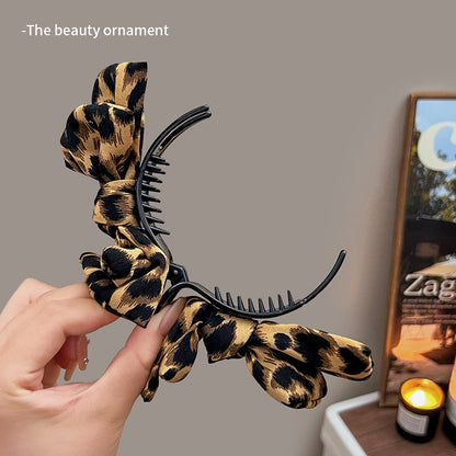 Leopard Print Bow Elegant Hair Clip for Ponytail and Bun, High-Tail Fixing Shark Clip for Women, Back of Head Hair Accessory
