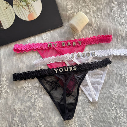 Cotton G-String with Metallic Rhinestone Letters, Sexy Lace Panties for Women