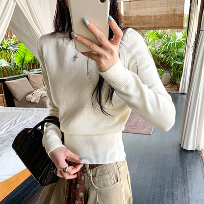 Soft Pink Round Neck Knit Top for Women,Slim Fit S/M/L