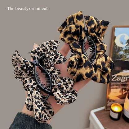 Leopard Print Bow Elegant Hair Clip for Ponytail and Bun, High-Tail Fixing Shark Clip for Women, Back of Head Hair Accessory