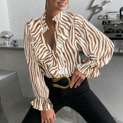 Fashionable Women's Solid Color Stripe Long Sleeve Turn-down Collar Blouse for Office Wear