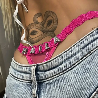 Cotton G-String with Metallic Rhinestone Letters, Sexy Lace Panties for Women