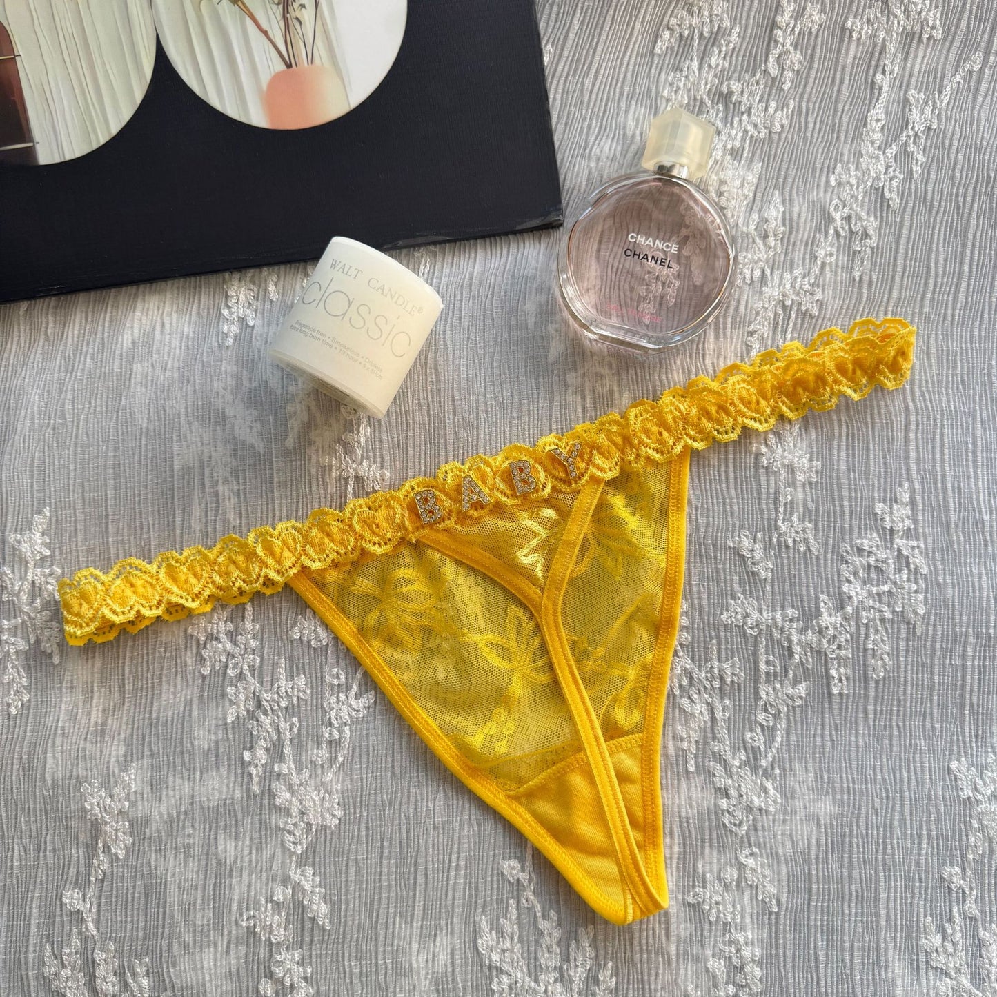 Cotton G-String with Metallic Rhinestone Letters, Sexy Lace Panties for Women